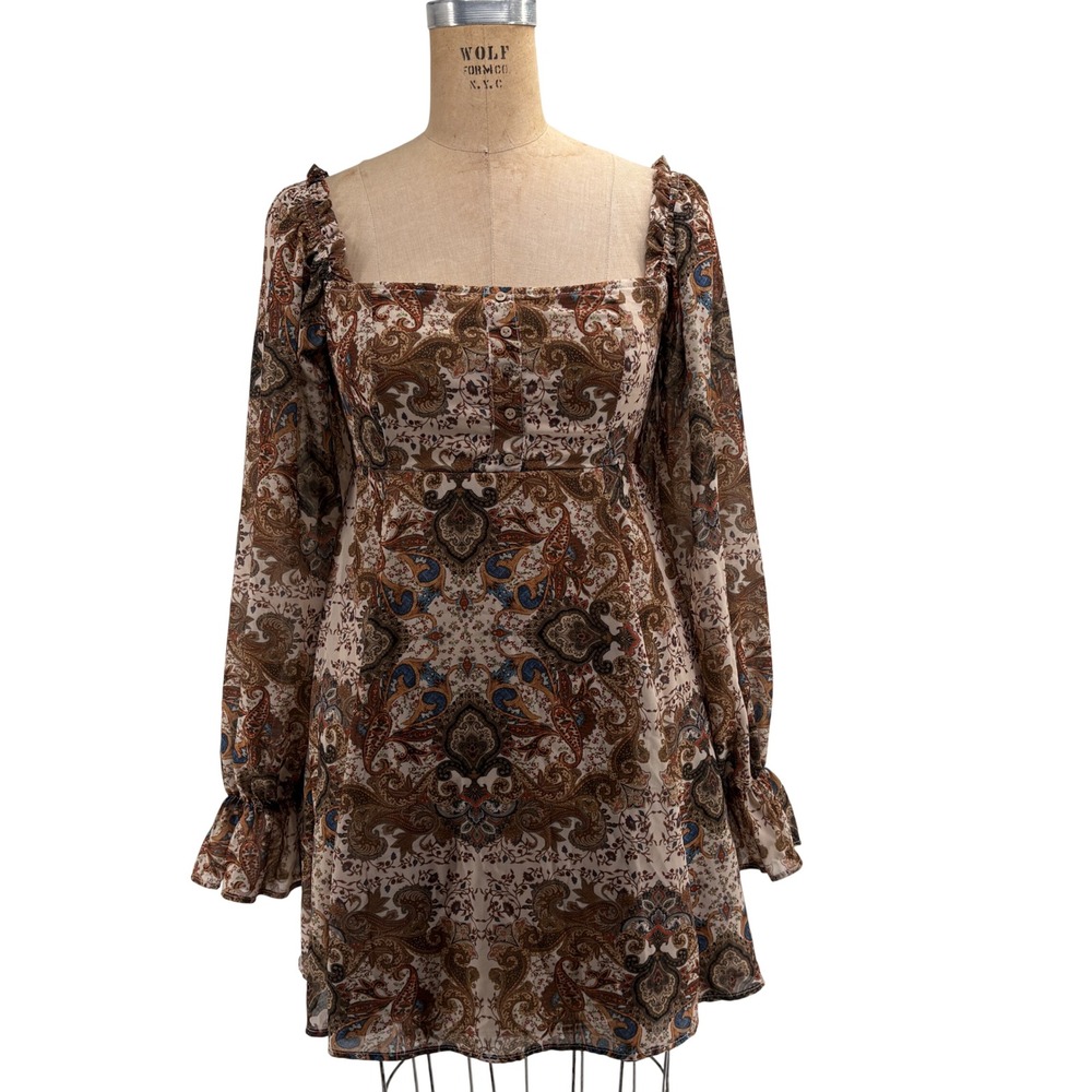 Flying‎ Tomato Womens Paisley Mini Dress Brown Tan Square Neck Long Sleeve Small